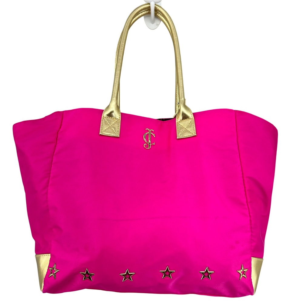 Juicy Couture Pink Nylon Star Studded Tote Bag Gold Trim JC Logo Mcbling Baddie